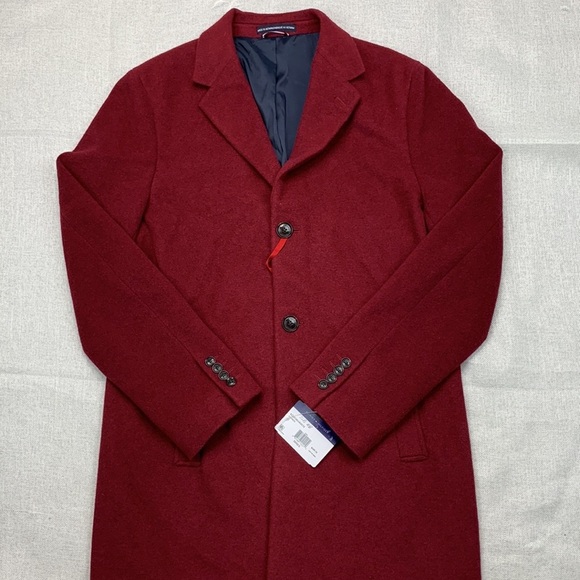 Tommy Hilfiger Mens Addison Maroon Single Breasted Wool Blend Overcoat Size 44R - Picture 1 of 13